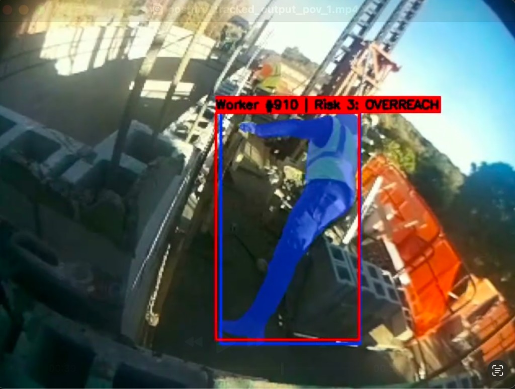 IronSite result frame showing worker segmentation and an overreach warning.